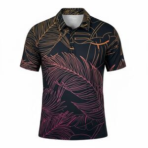 Birdie Bound Men's Golf Polo Shirt Large Black Tropical Leaf Print Performance